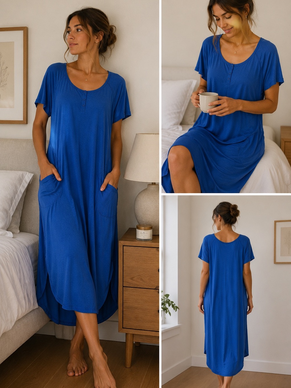 NWT Ekouaer Night Gown Dress Sleepwear Size MEDIUM Blue Maxi Super Soft POCKETS